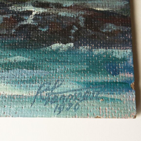 Vintage oil painting on board R. Farmer, 1970 - 12"x10" (#EV1937) - Picture 4 of 6